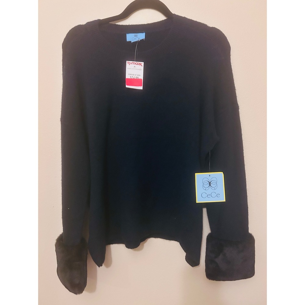 CeCe Sweater Women Small Navy Blue NEW Faux Fur Cuff Knit Pullover